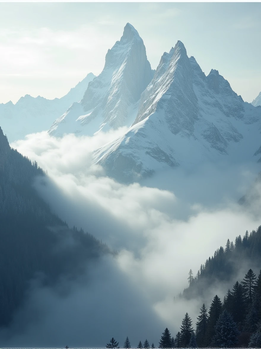 Capture the breathtaking beauty of a foggy mountain landscape in ultra HD, where mist dances among the peaks, creating a scene of ethereal serenity