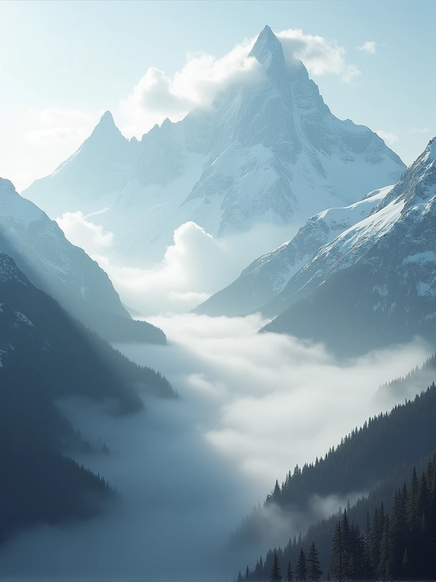 Capture the breathtaking beauty of a foggy mountain landscape in ultra HD, where mist dances among the peaks, creating a scene of ethereal serenity