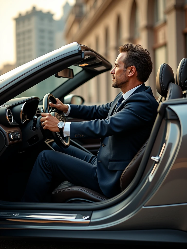 a man driving a luxury car