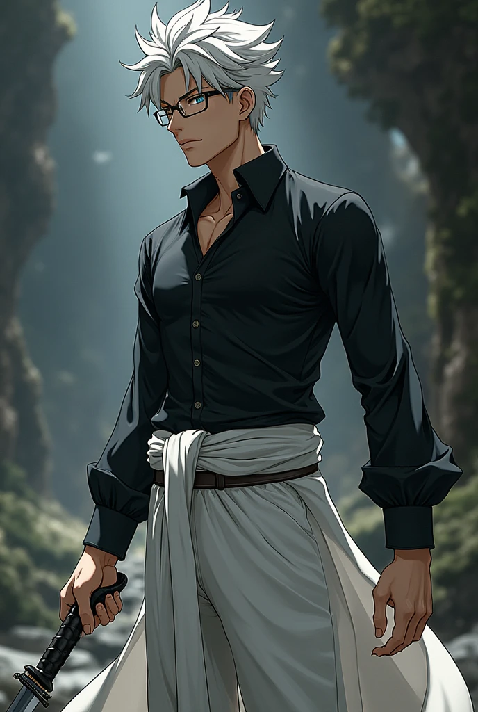 Create a character from the anime Jujutsu Kaisen who doesn&#39;t have a left arm,who uses a dagger as a weapon is an oculus,He wears a tight black shirt and loose white pants, put glasses on him, is to remove his left arm