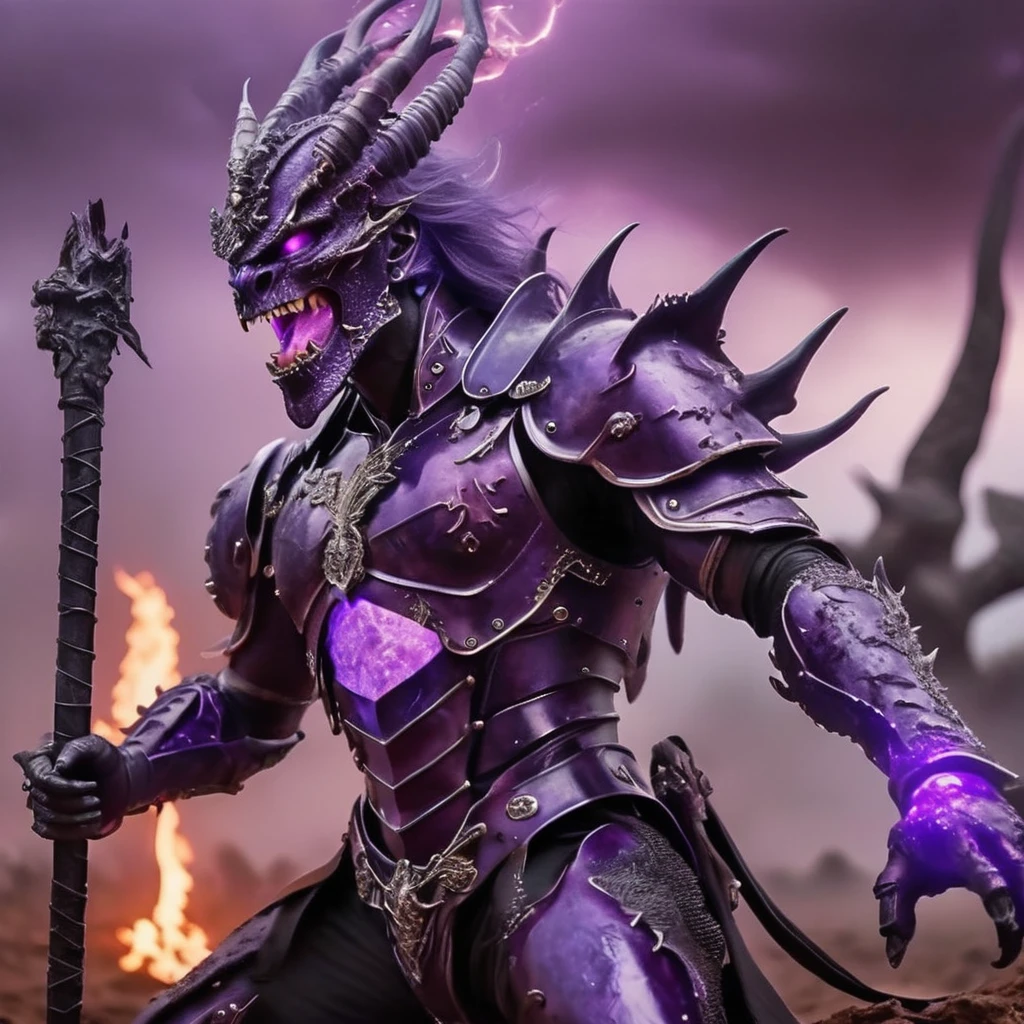 hyper real pic of a purple majestic royal young man with black Armor having purple flamy aura,wearing metal helm amror with white long hairs, purple glowing eyes & sharp purple glowing teeth, he is raising a purple burning sword and sitting on top of a black huge dragon with purple flame, purple glowing eyes and purple glow out of it's mouth and holding it's leash, behind him a whole amry of the undead waiting for his command, black clouds,purple lightning,on a battle field.