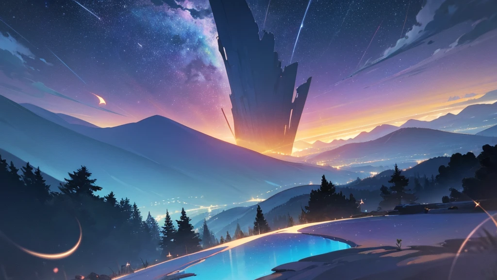 [Core Concept] A captivating night sky filled with a dazzling array of stars.

[Environment/Background] The vast, boundless expanse of the cosmos, with a deep, inky blue-black backdrop stretching endlessly into the distance. Silhouetted hills or mountains may rise up along the horizon, creating a tranquil, serene landscape.

[Style and Atmosphere] The scene exudes a sense of wonder, mystery, and the sublime. The twinkling stars shimmer and twinkle, casting a soft, ethereal glow across the scene.

[Composition] The stars are distributed throughout the composition in a visually compelling and naturalistic manner, with clusters, spirals, and sweeping arcs of light creating a dynamic and captivating celestial display.

[Details and Embellishments] Wispy clouds or the faint outline of a crescent moon may add depth and additional visual interest to the scene. The stars themselves vary in size, brightness, and color, creating a rich and textured tapestry of light in the night sky.

[Technical Specifications] The image should be rendered with a high level of detail and realism, utilizing advanced rendering techniques to capture the nuances of light, shadow, and atmospheric effects to create a truly immersive and awe-inspiring night sky.
