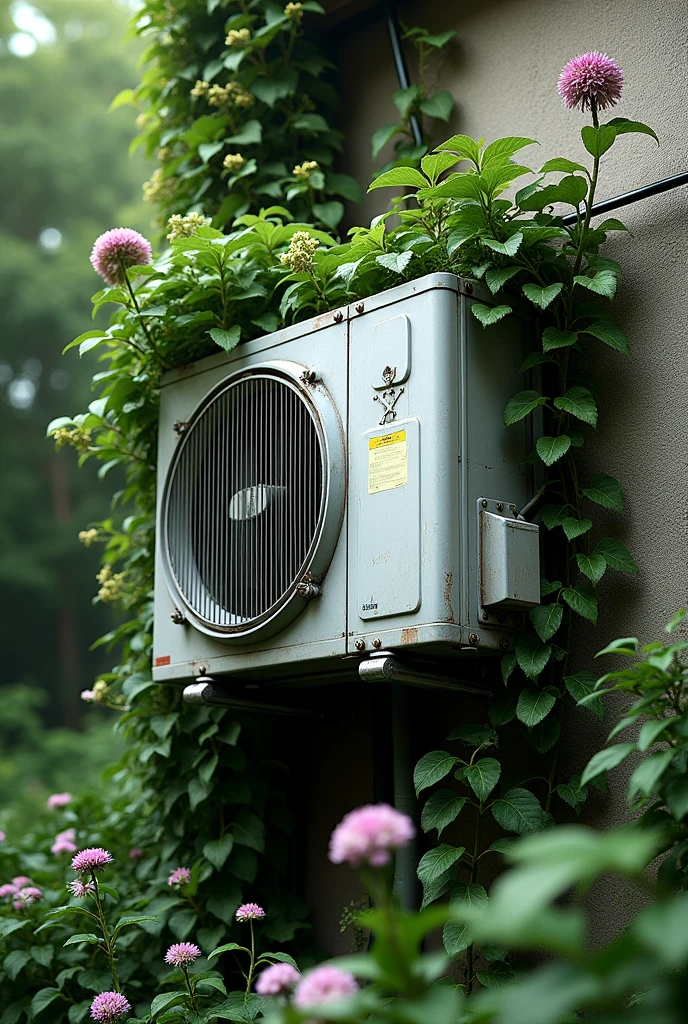 Air conditioner wall buried in vegetation 