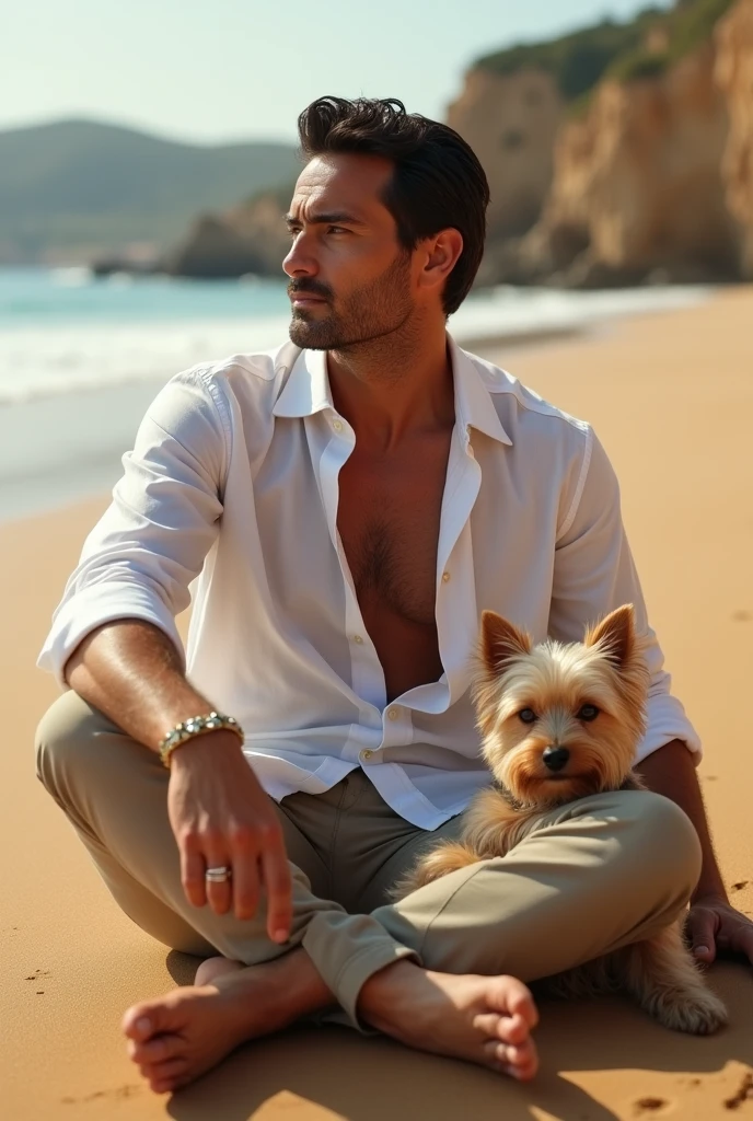 a 39-year-old white man, model type with dark hair, Barba feels, clear eyes,, arabic shirt, calcao, sitting on the beach in the Algarve with a Yorkie