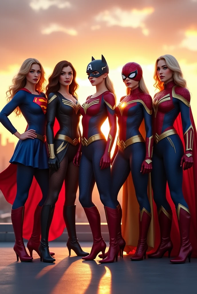 5women, Super woman, Bat woman, Spider Gwen, Iron woman, female Captain american,hyper realistic, high-resolution group image featuring the female versions of iconic superheroes standing together in a powerful, united pose. all incorporating skirts. 1(Superwoman wears a vibrant blue bodysuit with a bold, red 'S' logo on her chest, a matching blue skirt, a flowing red cape draped over her shoulders, and stylish red boots. Her hair flows freely in soft waves, and she stands confidently with one hand on her hip), 2(Batgirl is clad in a dark, midnight blue bodysuit with a gold bat logo on her chest, a matching black skirt, a flowing black cape, and gold-trimmed boots. Her utility belt is practical yet subtly stylish, and her long, wavy hair flows freely from her cowl She stands vigilantly, holding a batarang), 3(Spider Gwen or Spider-Woman wears a sleek red and blue bodysuit with a web pattern, a matching red and blue skirt, and a spider logo on her chest. Her mask covers her eyes, allowing her long hair to flow out. She stands in an agile, ready-to-leap pose, one hand extended as if ready to shoot webs), 4(Iron Woman is in a high-tech, form-fitting armor suit in red and gold, with a glowing arc reactor on her chest, a matching red and gold skirt, and stylish red and gold boots. Her helmet is off, revealing her confident expression and sleek hair. She stands with one hand on her hip and the other arm extended, repulsor ready to fire), 5(Captain America female version wears a blue bodysuit with white and red accents, a matching blue skirt, a white star emblem on her chest, and red boots. She holds a circular shield with the iconic star and stripes. Her hair is tied back in a practical yet stylish manner, and she stands with the shield raised, ready to defend), They are all posed together on a rooftop against the backdrop of a city skyline at sunset, casting a warm, golden light over the scene.