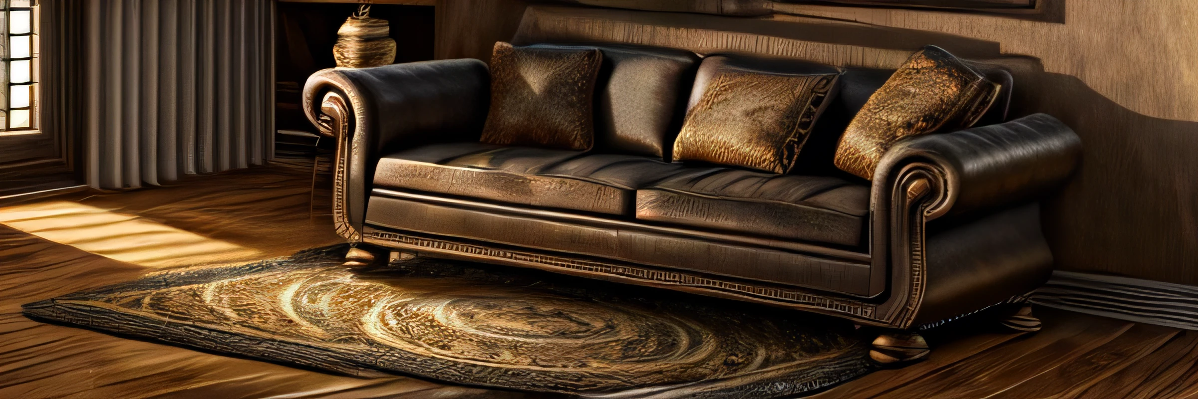 make a modern living room with a sofa, uma mesa, wood floor ,a rug a black puff, realistic and detailed style