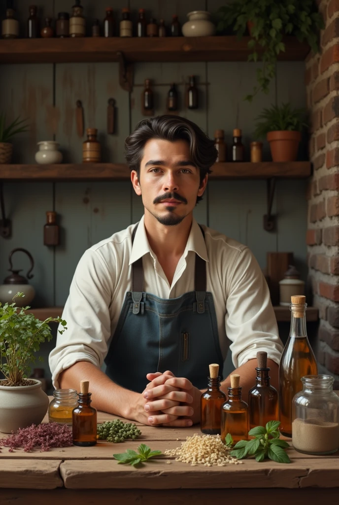 A young man, humble homeopath from 1940, with small mustache, blackquality hair, various glass bottles, many medicinal herbs, wood desk. Old wooden and brick wall.