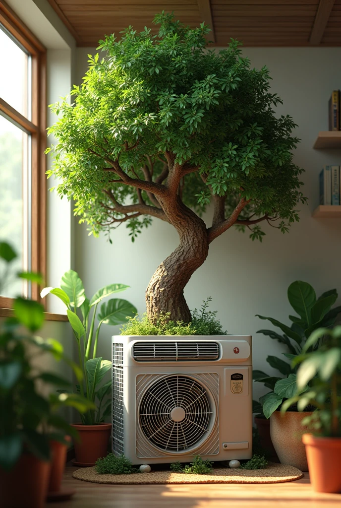 Tree growing from air conditioner (indoors)