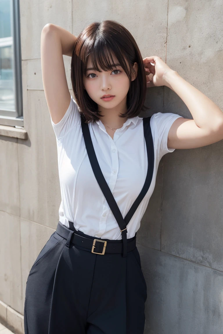 masterpiece、Flat Color、Depth of written boundary、Lens Flare 1 Girl、、Brown Hair、Staring at the audience belt Black suspenders Plump breasts Armpit sweat sweating Sides of both hands wall: Black trousers, sight Small face bangs over eyes Aside Cutter Shirt huge