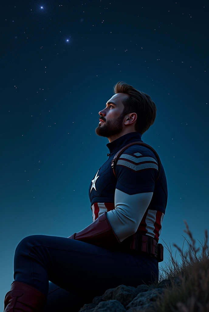 Steve Rogers (captain America) sitting watching the starry night from a distance. 