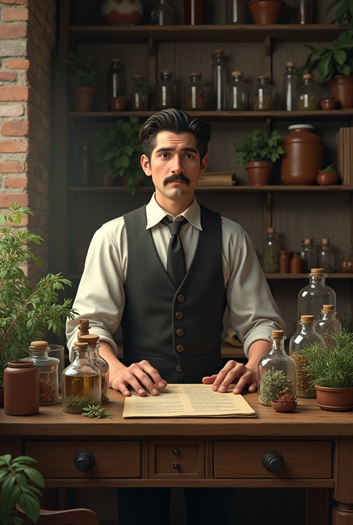 A young man, humble homeopath from 1940, with small mustache, blackquality hair, various glass bottles, many medicinal herbs, wood desk. Old wooden and brick wall.