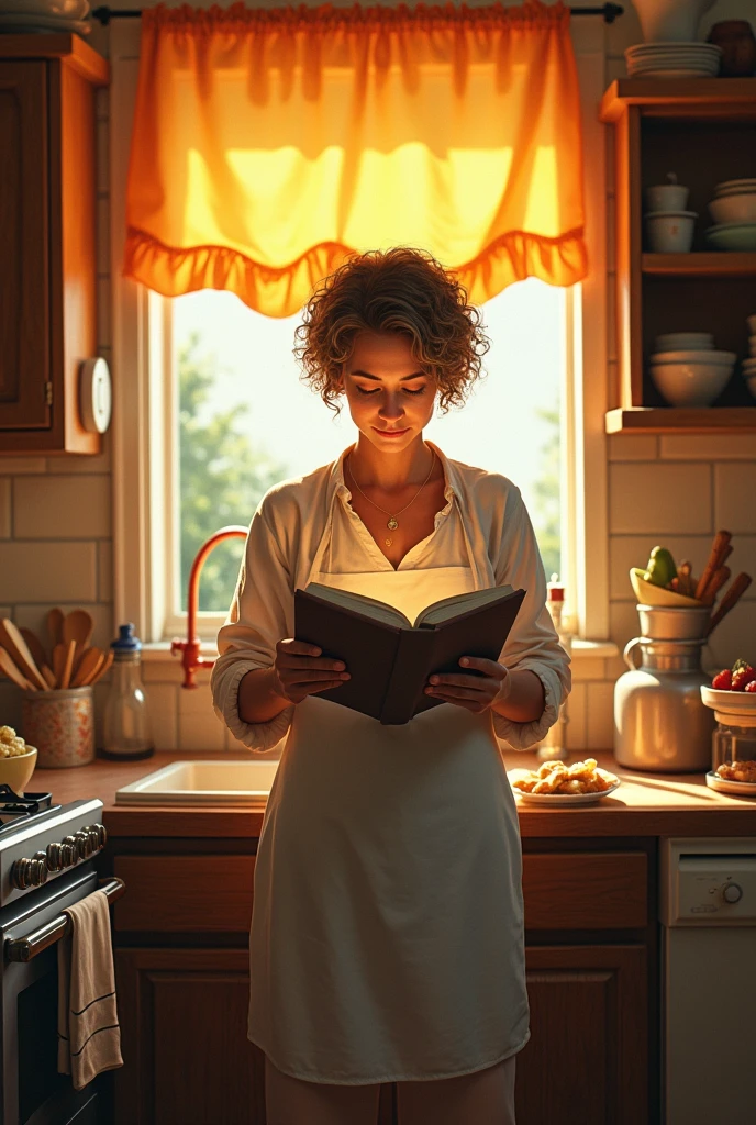 Funfo kitchen, recipes, Woman , curtain, 39 years old, short curly hair, devotional with God