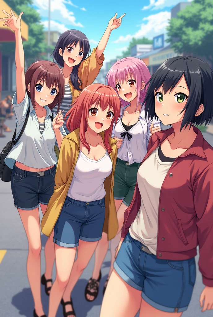a group of anime girls shopping at a mall, first girl wearing a red tube top and jeans with long blonde hair, and she carries a bag on her shoulder; the second girl has brown hair and wearing baggy green sweater with plaid miniskirt carrying a backpack; the third girl has long black hair wearing a tight sleeveless blue and white striped dress, both her hands behind her head and exposing her armpits, and she wears a fake sailor cap; the fourth girl has a sun kissed complexion and brown ponytail hair with pink crop tank top that exposes her midriff with noodle straps along with shorts. they're all chatting to each other.