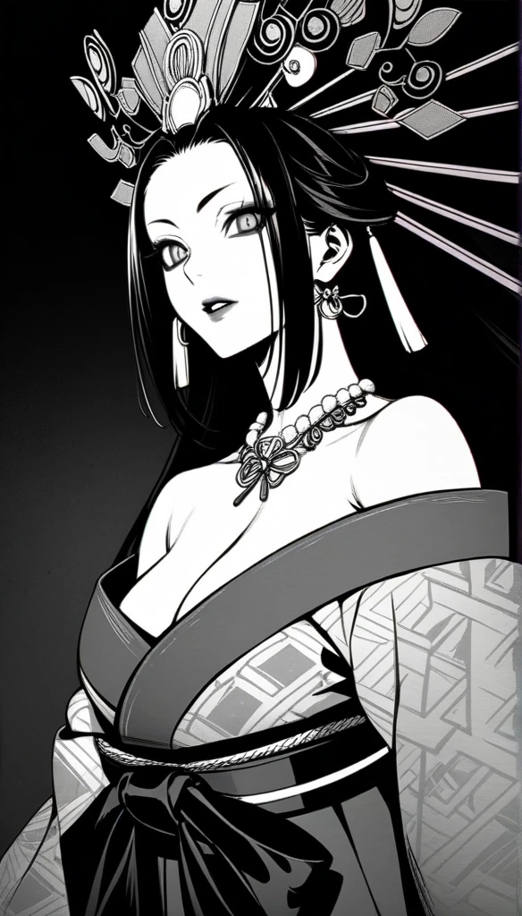 {{{{masterpiece}}}}, {{{hyper detailed}}}, {{{highres}}}, {{good anatomy}}, (((best quality))), ((an extremely delicate and beautiful)), {{an extremely detailed and delicate}}, {8k cg wallpaper}, {{illustration}}, (greyscale with colored background:1.1), (white and black background:1.1), midjourney, (flowers:1.2), (chromatic Illumination:1.2), mature female, (1girl:1), solo, oiran, (off-shoulder japanese clothes:1.2), (pale face:1.2), big breasts, hiten1,