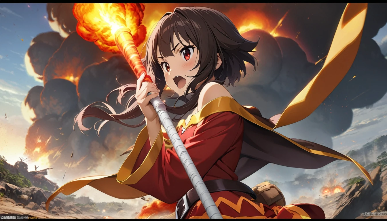 1 girl, 18 years old, megumin, hand raised, holding magic stick, nuclear flame explosion behind, official art, best quality, high resolution, realism, 8k