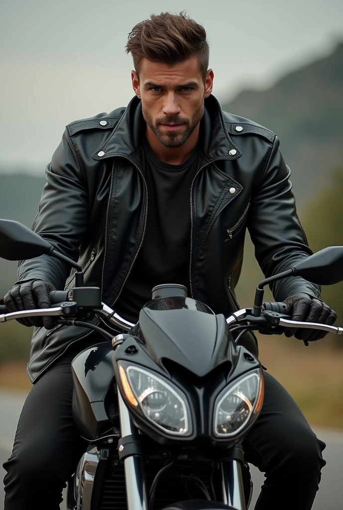 brutal ,handsome guy in a leather jacket, sitting on a luxury motorcycle