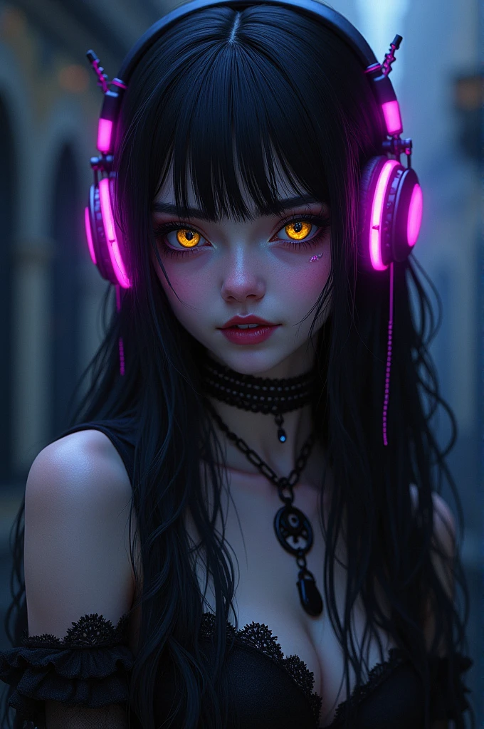 Create a girl with long black hair with violet tones and make her eyes yellow, that is thin and pretty that has a smile along with a gothic style, that your skin is light and you have purple headphones