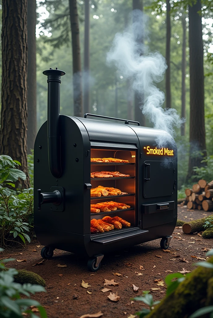 Create an image that has to say the name of the company it is " crazy about smoked meat "has to do with modern smokers, that has firewood and trees in the background that has smoke that is modern the name of the company must be written in Spanish 
