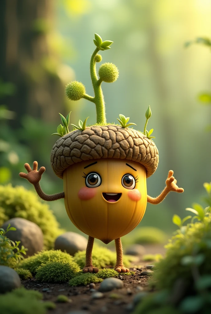 A little acorn plant have a legs and hands like humen (looking infront of)