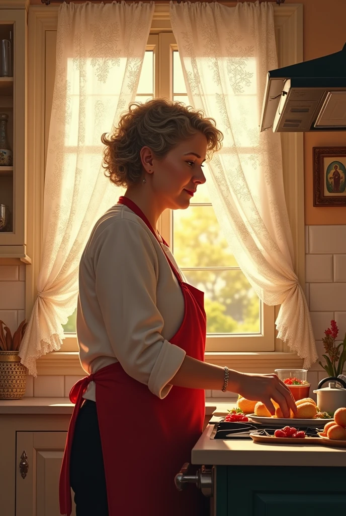 Funfo kitchen, recipes, Woman , curtain, 39 years old, short curly hair, devotional with God