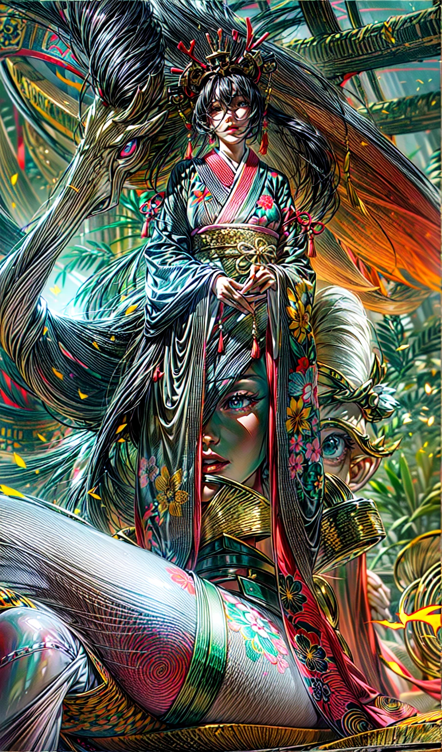 Необходимо создать concept-арт гейши для MMORPG, centered on a Japanese setting. full length, concept, full length пероснаж, A geisha should inspire grace, sophistication and mystery, typical of Japanese culture. sitting. gracefully. digital painting,