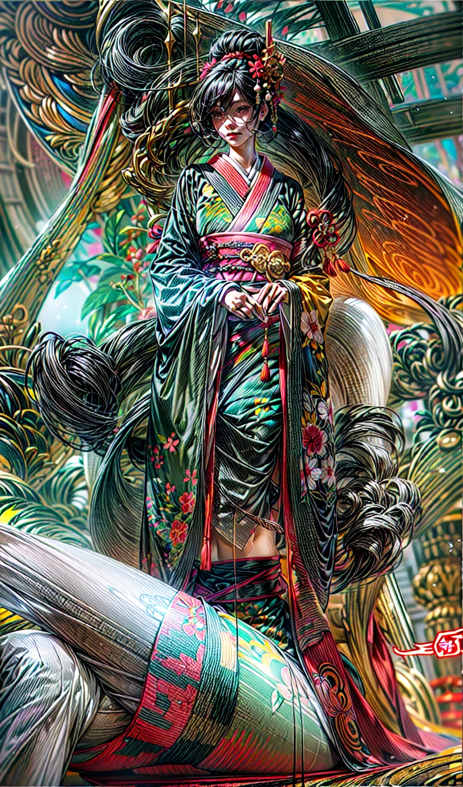 Необходимо создать concept-арт гейши для MMORPG, centered on a Japanese setting. full length, concept, full length пероснаж, A geisha should inspire grace, sophistication and mystery, typical of Japanese culture. sitting. gracefully. digital painting,