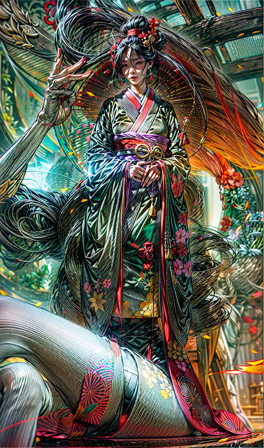 Необходимо создать concept-арт гейши для MMORPG, centered on a Japanese setting. full length, concept, full length пероснаж, A geisha should inspire grace, sophistication and mystery, typical of Japanese culture. sitting. gracefully. digital painting,