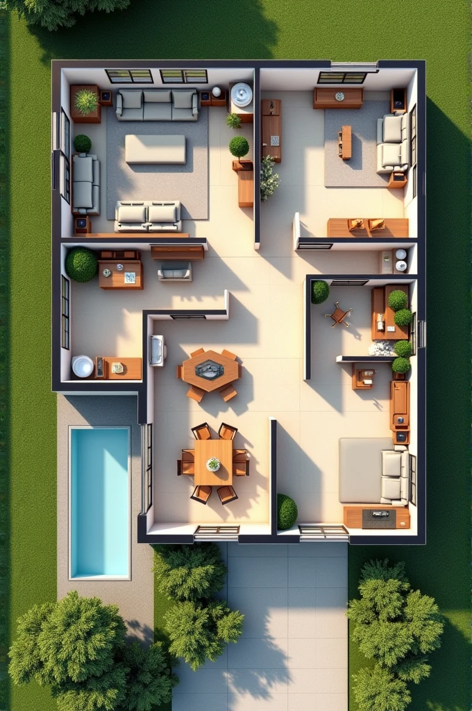 An interior plan from above view of a house, that the drawing be animated and contain the following rooms: living room, dining room, kitchen , room, Bathroom (al lado del room), room de aseo, penthouse (seguido del room de aseo) and a large front garden