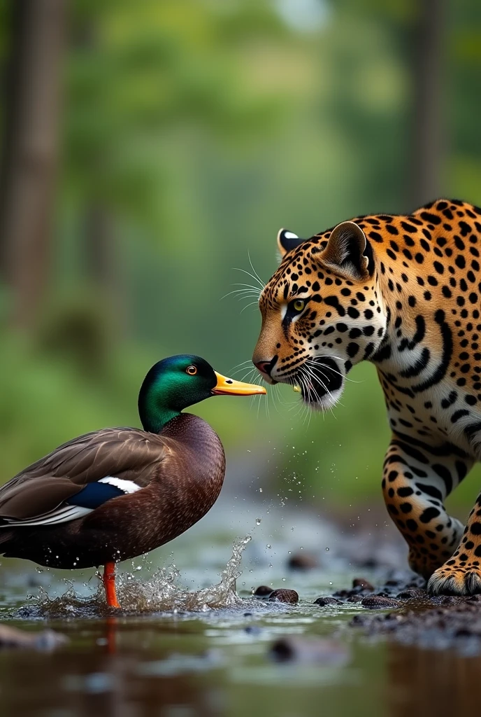 Duck hitting a jaguar in the forest