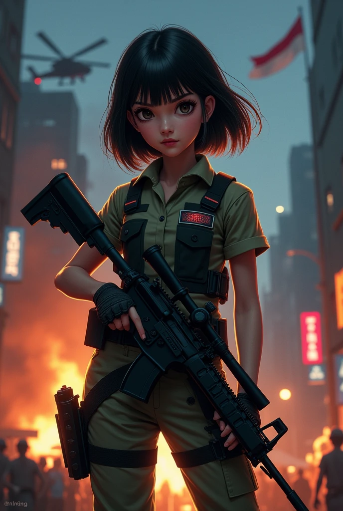(POV).  The beautiful and cute girl from Indonesian, beautiful round face, badass lady with black (hairstyle), (accessoris), dressing in military vest with the text "LD" small red logo, While standing squatting in the middle of the road,faintly  facing forward,by the night city,there's fire, there's helicopters, with sniper-gun next her And the Indonesian flag is flying.