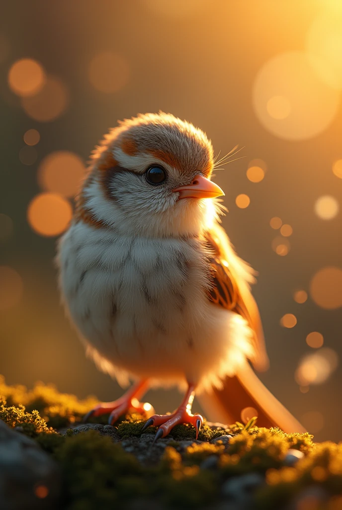 A mesmerizing close-up portrait of a gorgeous little bird illuminated by the soft, golden light of a tranquil morning, with vibrant bokeh balls gently framing its delicate form.