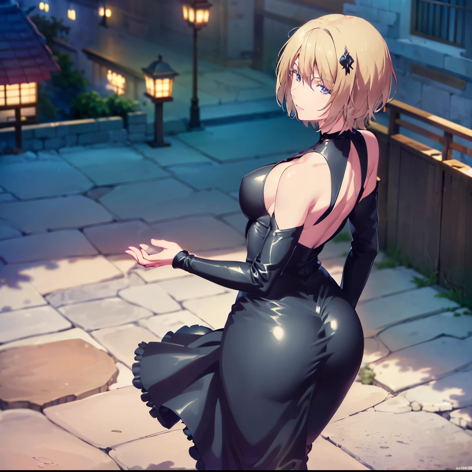 ((1girl)),((alone)),akane hououji,(masterpiece), (best quality), (ultra detailed), (best illustration), (best shadow), (absurdities), sharp focus, cowboy shot ,atmospheric perspective, depth of field, dynamic posture looking at the viewer, large breasts, narrow waist, wide hips, wide thighs, round butt, erotic, romantic, (very detailed eyes, lips 1.1), very detailed eyes, eyes, very face detailed, very beautiful face, full height, beautiful slim figure, femininity, expressive appearance, elastic big breasts, sexuality, dull blonde hair, short hair, blue eyes,((1piece black dress:1.4)), ((short dress) ), ((tight dress)),((bare shoulders, bare arms, ((neckline)),((black heels)), curves, defined body, Perfect and beautiful body, perfect and beautiful, closed mouth, smile, smile happy, blushing, (sexy pose: 1.2), ((solo: 1.4)), standing: 1.3,(( : 1.5, exterior : 1.5, night: 1.5, city lights: 1.4, buildings: 1.5, streets: 1.4, Japanese metropolitis: 1.4)),looking back,from behind,(( focus on ass )), point of view :(from middle), perfect anatomy, perfect hands