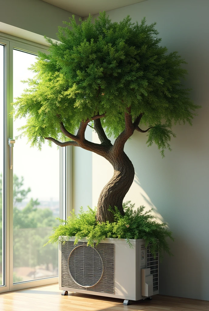 Tree growing from an air conditioner (indoors, not the outdoor unit)