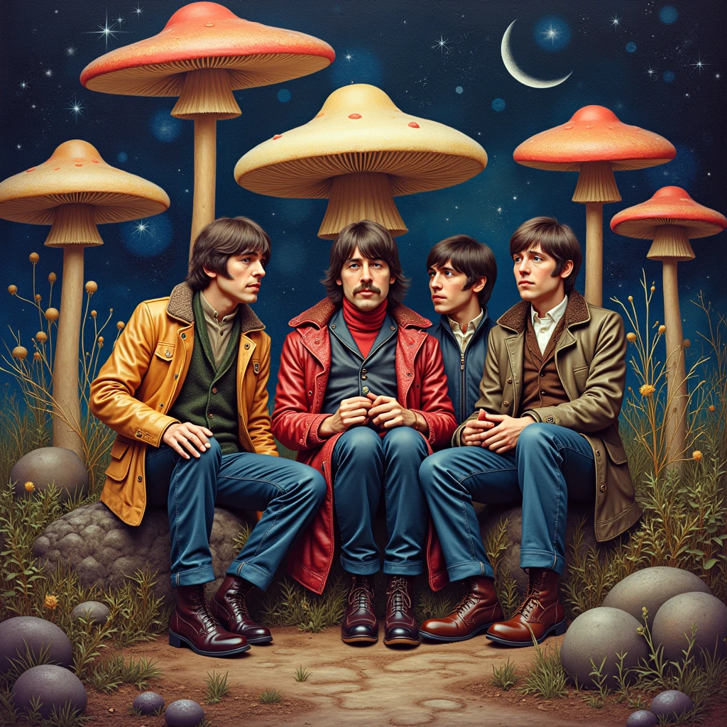 (highest quality, best quality, masterpiece, highly detailed:1.2), the Beatles sitting together, on mushrooms, looking high, psychedelic background 