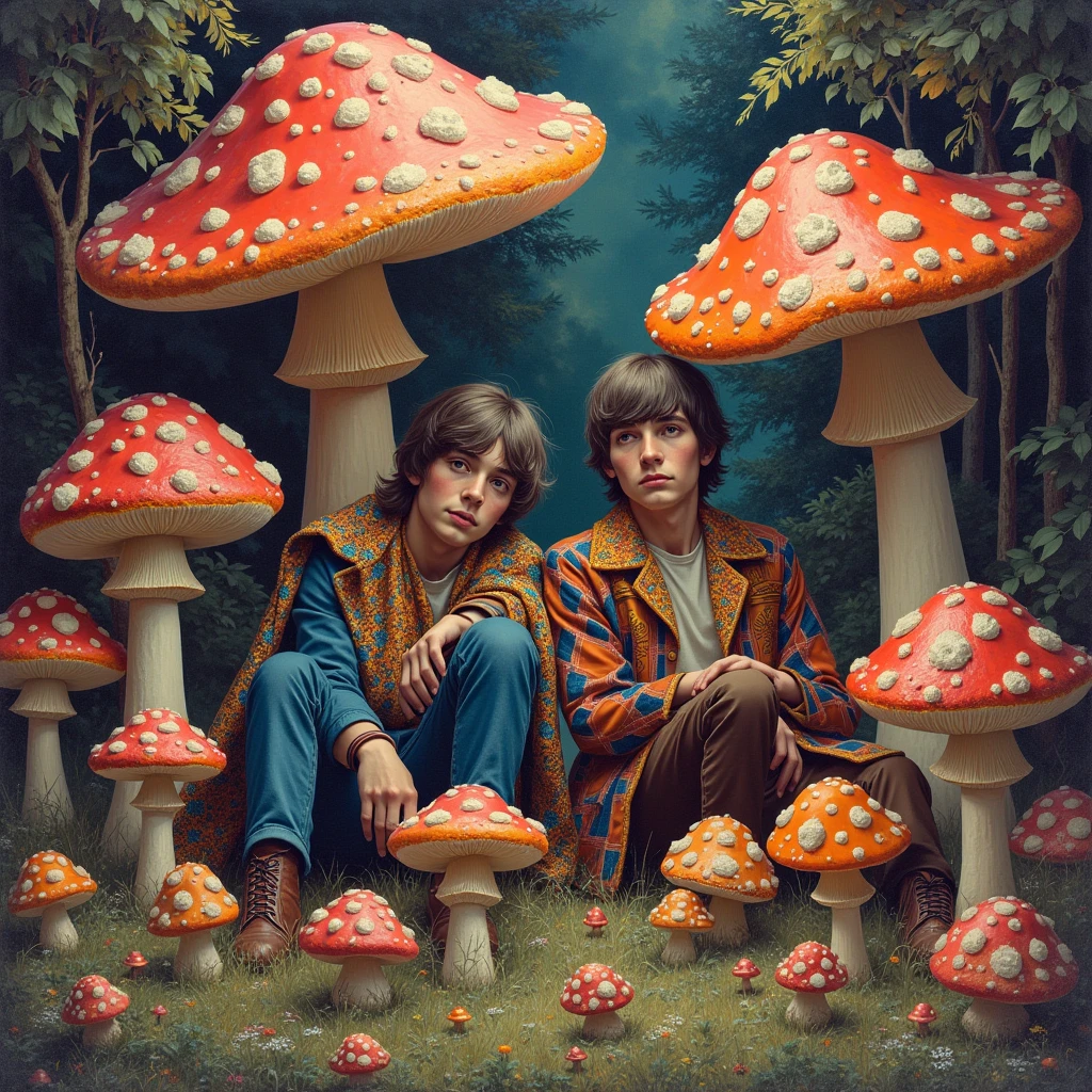 (highest quality, best quality, masterpiece, highly detailed:1.2), the Beatles sitting together, on mushrooms, looking high, psychedelic background