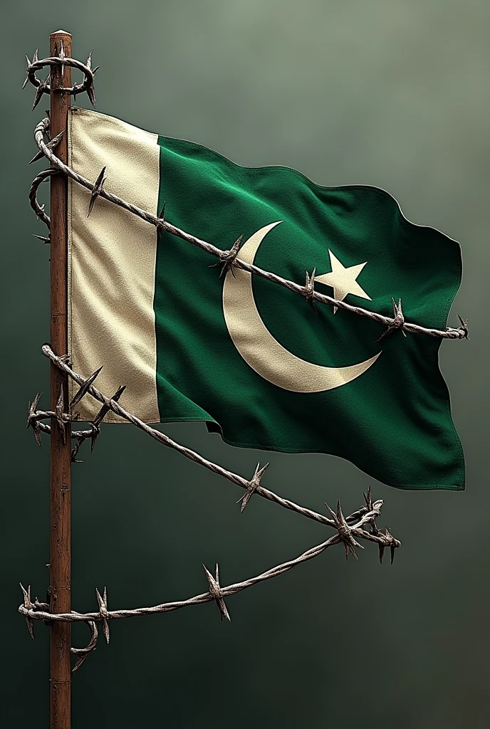 Pakistan flag with army campflauge color instead of green color in the flag and wrap razor wire around flag