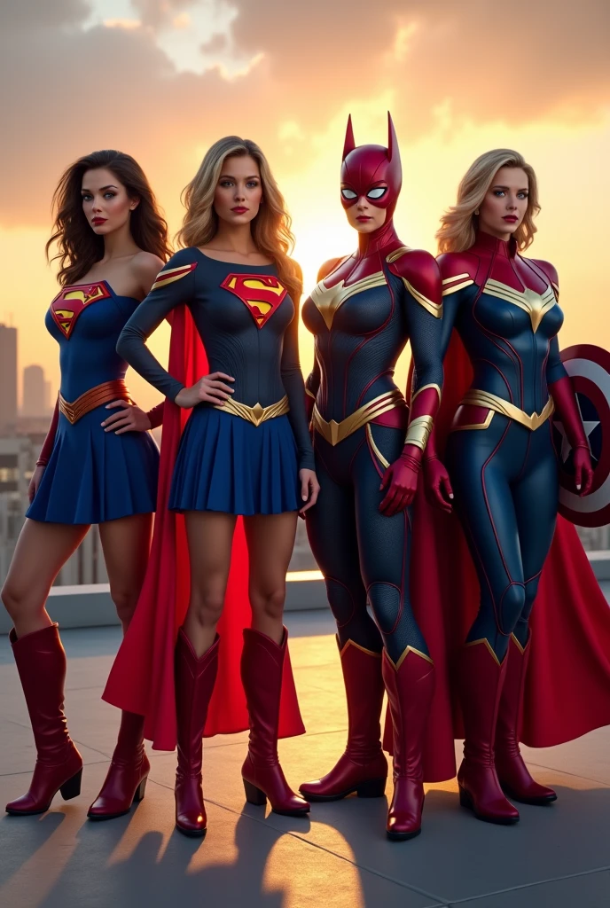4women, Super woman, Bat woman, Spider Gwen, Iron woman, female Captain american,hyper realistic, high-resolution group image featuring the female versions of iconic superheroes standing together in a powerful, united pose. all incorporating skirts. 1(Superwoman wears a vibrant blue bodysuit with a bold, red 'S' logo on her chest, a matching blue skirt, a flowing red cape draped over her shoulders, and stylish red boots. Her hair flows freely in soft waves, and she stands confidently with one hand on her hip), 2(Batgirl is clad in a dark, midnight blue bodysuit with a gold bat logo on her chest, a matching black skirt, a flowing black cape, and gold-trimmed boots. Her utility belt is practical yet subtly stylish, and her long, wavy hair flows freely from her cowl She stands vigilantly, holding a batarang), 3(Iron Woman is in a high-tech, form-fitting armor suit in red and gold, with a glowing arc reactor on her chest, a matching red and gold skirt, and stylish red and gold boots. Her helmet is off, revealing her confident expression and sleek hair. She stands with one hand on her hip and the other arm extended, repulsor ready to fire), 4(Captain America female version wears a blue bodysuit with white and red accents, a matching blue skirt, a white star emblem on her chest, and red boots. She holds a circular shield with the iconic star and stripes. Her hair is tied back in a practical yet stylish manner, and she stands with the shield raised, ready to defend), They are all posed together on a rooftop against the backdrop of a city skyline at sunset, casting a warm, golden light over the scene.