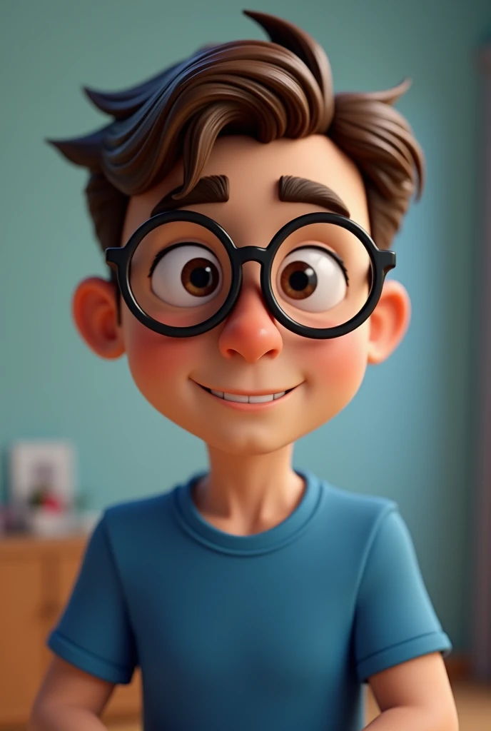 Cartoon character of a man in black glasses and blue shirt, an animated character, stylized character, animation style rendering, 3d stylized, Arnold Maya rendering, Stylized 3D rendering, toon render screenshot, 3d character, 3d character, Stylized 3D rendering, 3D character rendering, cartoon character, Personagem de close up, character posing, (Pixar-style) (master part:1.2) (bokeh) (best qualityer) (skin detailed) (detailed texture) (8k) (Argilla) (cinematic lighting) (sharp focus,Sit down and lift your upper body