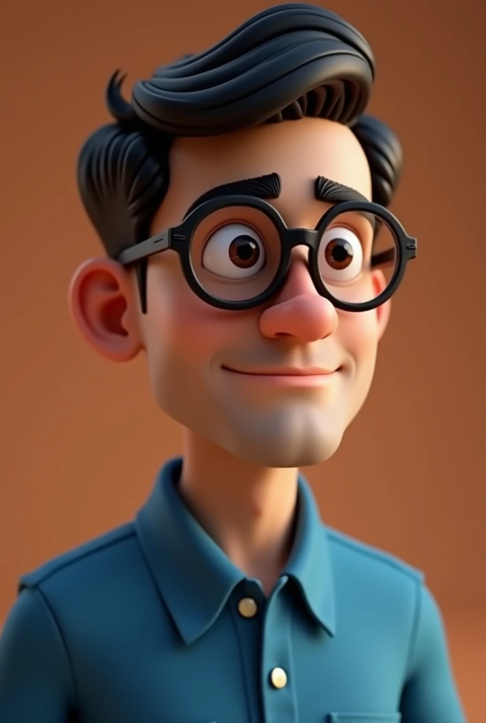 Cartoon character of a man in black glasses and blue shirt, an animated character, stylized character, animation style rendering, 3d stylized, Arnold Maya rendering, Stylized 3D rendering, toon render screenshot, 3d character, 3d character, Stylized 3D rendering, 3D character rendering, cartoon character, Personagem de close up, character posing, (Pixar-style) (master part:1.2) (bokeh) (best qualityer) (skin detailed) (detailed texture) (8k) (Argilla) (cinematic lighting) (sharp focus，Sit down and lift your upper body