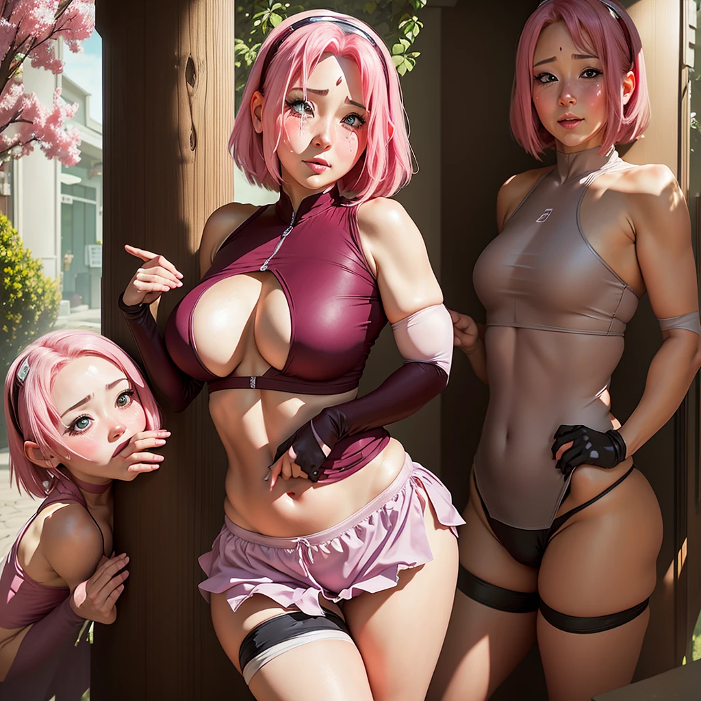 The plump Sakura Haruno captures the essence of charming acting, capturing the image of a person pretending to be innocent, adopting cute and gentle facial expressions that bring tears to the eyes, and wiping away the tears with her hands. Tight-fitting clothes, extremely low-cut, in panties and a bra.