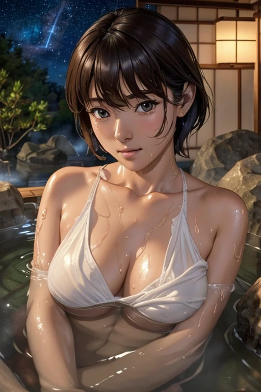 Completely naked, NUDE, brown nipples, slim body,;（((Shiny skin：1.5))）、（((Oily skin：1.5))）、Droopy eyes、（((Big Breasts：1.4))）、Attention to detail、High resolution、high quality、Glowing Skin、(最high quality、8k、32K)、masterpiece、超High resolution、(Real:1.4)、RAW Photos、masterpiece、Very delicate and beautiful、最high quality、Super detailed、High resolution、Very detailed、Sexy Photos、(night：1.7)、One 15-year-old Japanese woman、Short Hair、（15 years old：1.3）、（Beautiful, shiny, straight, short and long：1.3）、Beautiful fingers、Beautiful long legs、Beautiful body、Cute Nose、Perfect Eyes、Perfect Face、Watching the viewer、（Innocent big eyes：1.0）、Very detailed CG Unity 8K wallpaper、（masterpiece：1.0）、（最high quality：1.0）、超High resolution、4K、Super detailed、photo shoot、8k、nffsw、High resolution、(Disorganized：1.2)、(Beautiful Face:1.5、,8k、Raw photo, 、Japanese open-air bath、(Hot Spring Trip:1.3)、 (Draw a wide open-air bath:1.2) 、(Wet hair:1.3)、((Beautifully depicts depth and breadth:1.3))、((An open-air bath surrounded by a Japanese garden and giant rocks、There are only two small lights。:1.3))。((You can see the beautiful starry sky。:1.3))、(Hiding erogenous zones with a small handkerchief towel in the open-air bath:1.2)、((White and soft skin:1.3))、Completely naked、beautiful and big udder、brown nipples, Small areola、Ecstasy