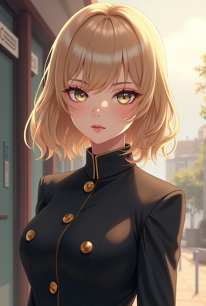 blonde girl, light eyes medium hair a little wavy, A little cold but with elegant features. wearing uniform