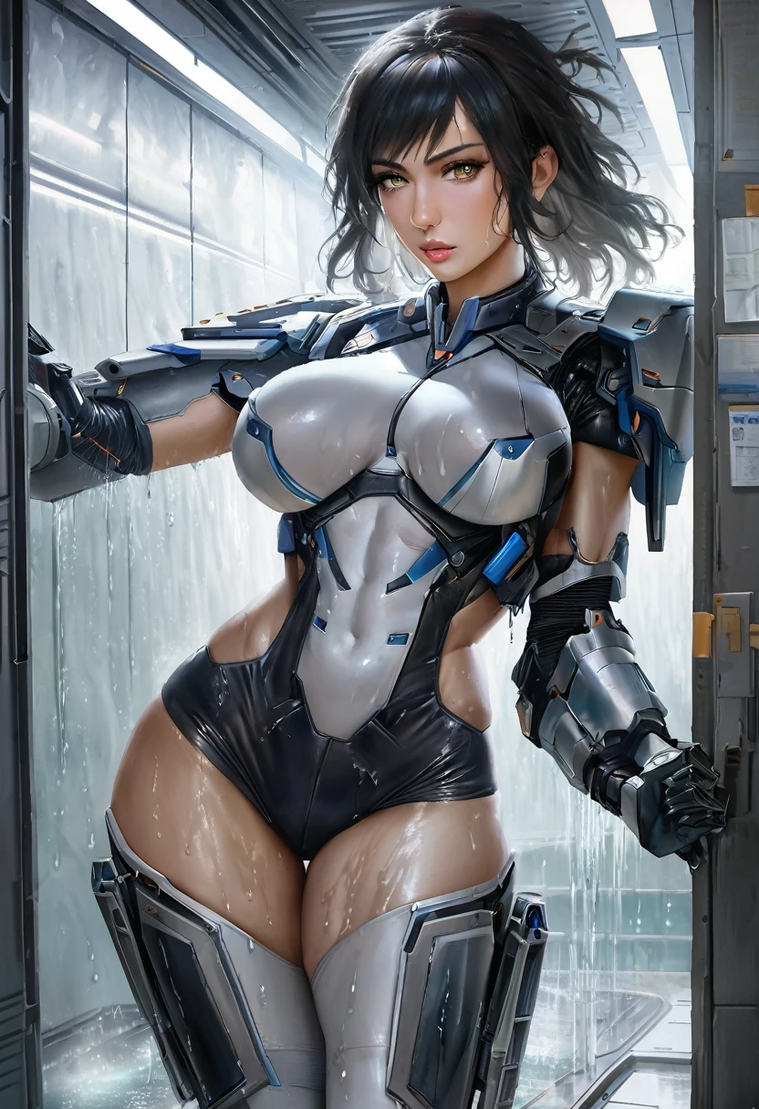 {A female supersoldier getting decontaminated in a futuristic decontamination zone on a spaceship} she has short black hair with blonde highlights in it, she has power armor that is being removed from her body by robotic arms that have drills and claws attached to them, she is covered in white body paint, she is being sprayed with water from showerheads on the walls, clear water is dripping down her body, defined muscles, blue irises, realistic hips, realistic glutes, realistic female chest, realistic hands, realistic fingers, realistic muscles, realistic eyes, realistic skin, realistic hair, 120K