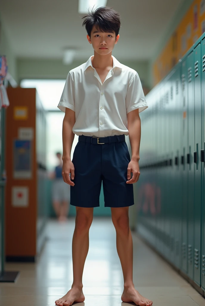 a teenager boy that wears student clothes he is handsome, 7feet tall, he is a-teenager that wears Thai student uniform shorts pants Being a naughty child and love people to worship his armpits and feet