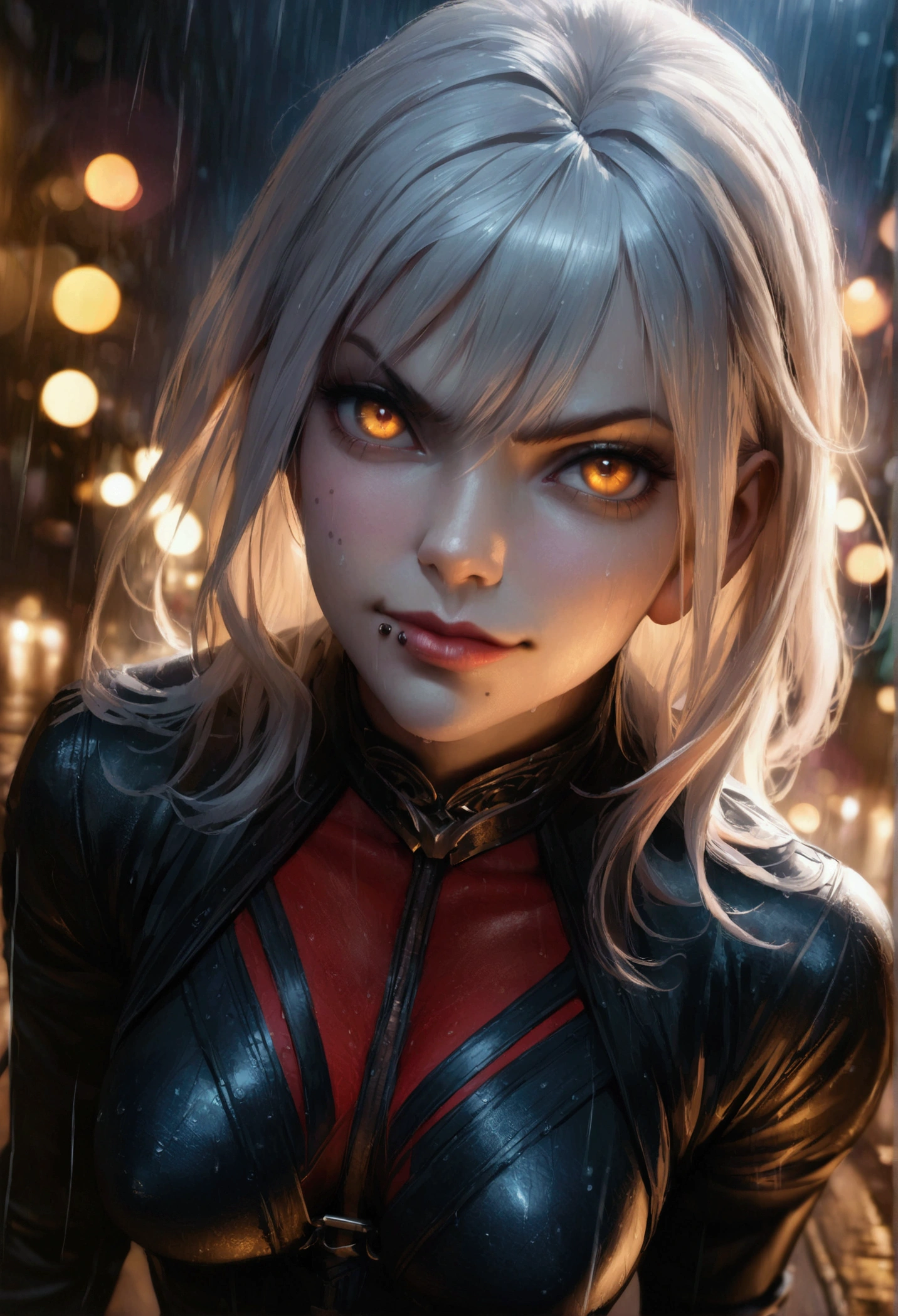 anime women, dark outfit with red details, white hair, (golden eyes) standing in a rain soaked street at night, photorealistic, cinematic lighting (best quality:1.2),ultradetailed,vivid colors,bokeh, angry looking face with smirk on mouth, piercing, ABS, looking up at the camera