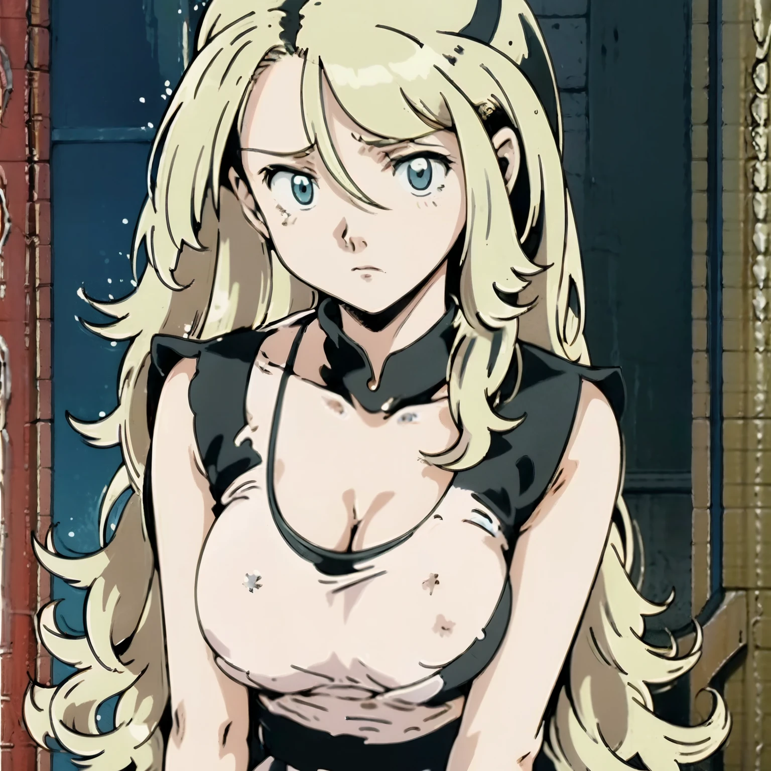 work of art, best qualityer, high resolution, long hair, blue colored eyes, 1 girl, standing alone, eyelash, sleeveless, bangss, clavicle, bare arms, black tee, white fund, 正面, No scenario, gazing at viewer,trunk, visualizador de 正面, solid color fund, clean fund, De 正面 para a câmera, high resolution, calm and expressionless face, fund branco, looking away, Simpler_fund