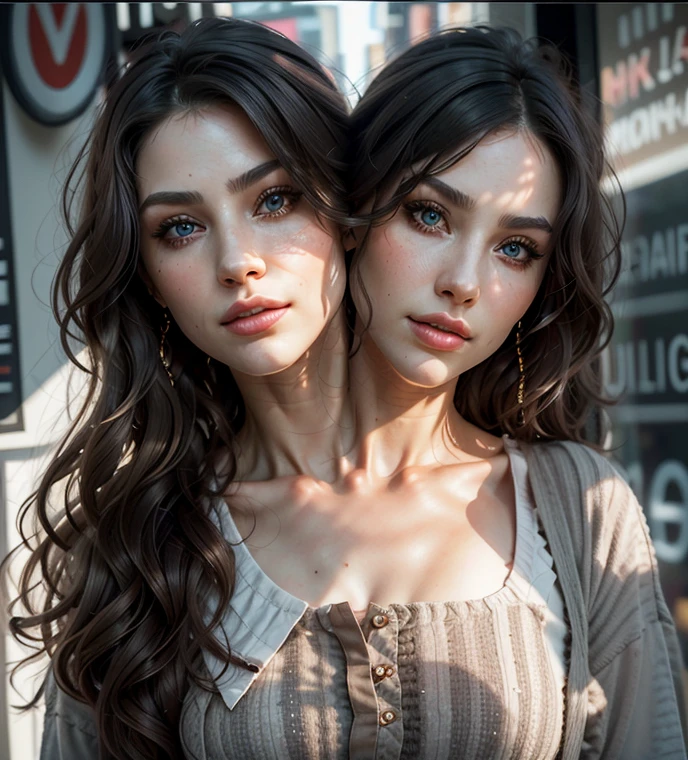 Create a deeply realistic upper body portrait of a woman, ((2heads)), conjoined dicephalus,embracing imperfections in her skin and hair. Zoom in to showcase intricate details. Capture the complexity of her eyes with well-defined irises, conveying depth and emotion. Depict a natural, imperfect texture in her hair, emphasizing flyaways and individual strands. They are wearing shirt, which is keeping them close. They are side-eyeing each other, facing away from each other.Pay careful attention to the interplay of light and shadow, adding a three-dimensional quality to the portrait. This upper body composition should evoke a sense of genuine beauty in imperfection, striking a balance between realism and artistry,25 years old