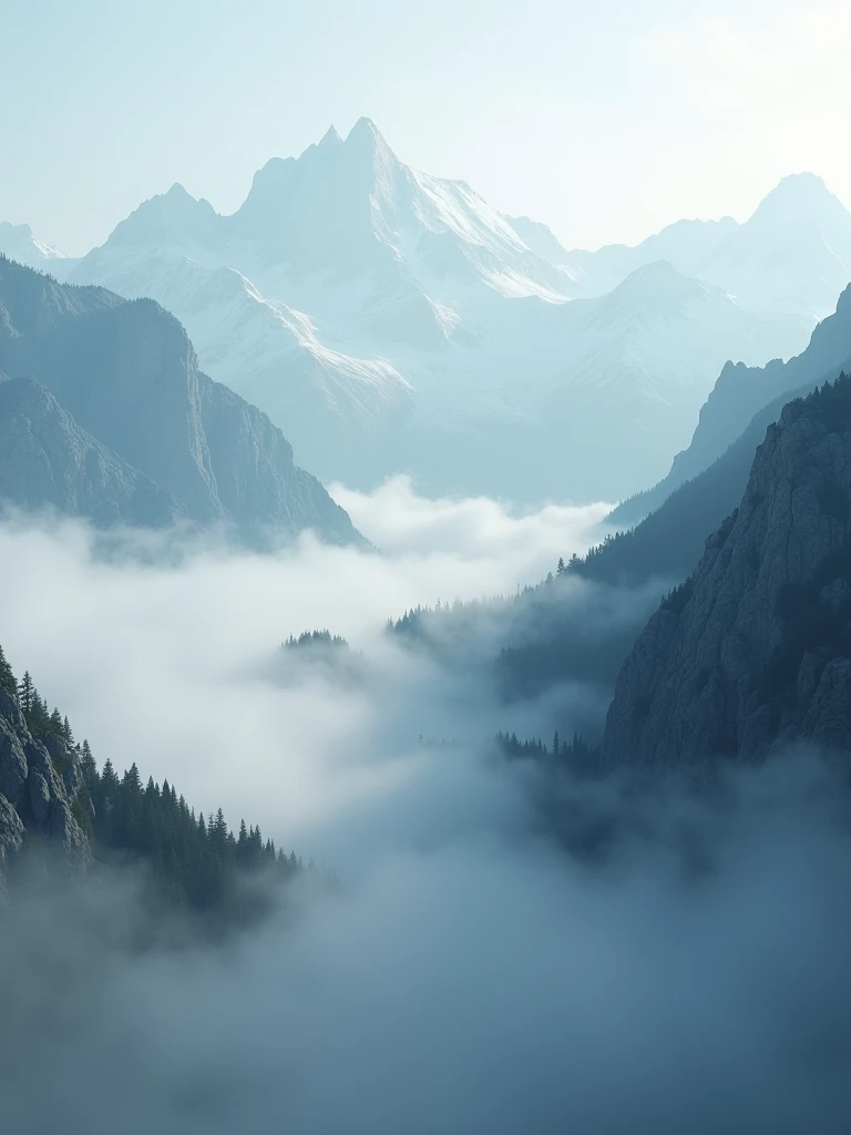 Unveil the majesty of foggy mountains in ultra HD clarity, capturing the soft, rolling fog as it blankets the rugged terrain in a scene of pure natural wonder.