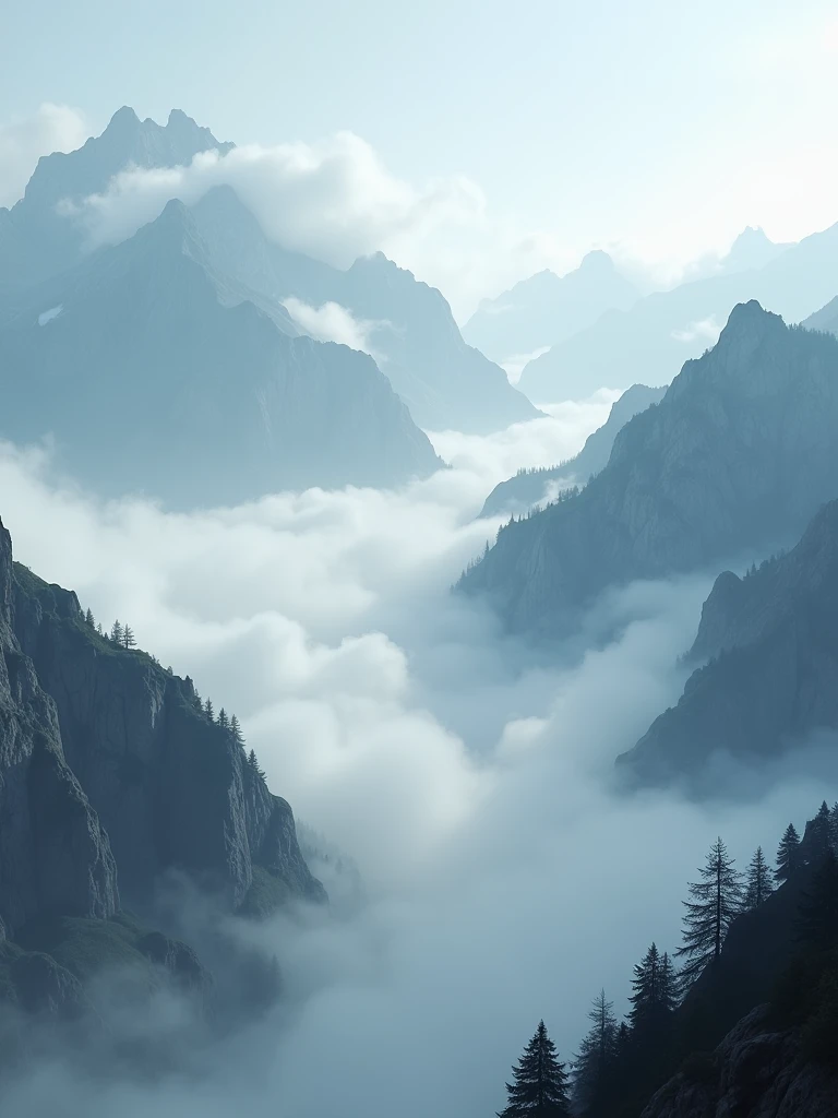 Unveil the majesty of foggy mountains in ultra HD clarity, capturing the soft, rolling fog as it blankets the rugged terrain in a scene of pure natural wonder.