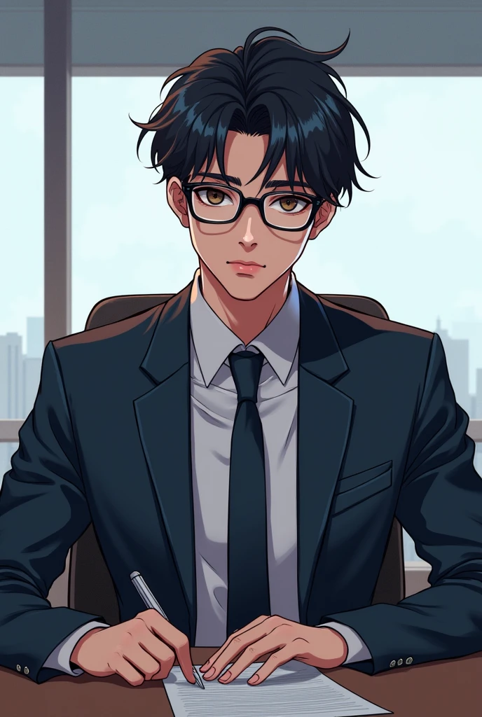 Male character sitting behind a desk anime manhwa style hyper handsome with glasses